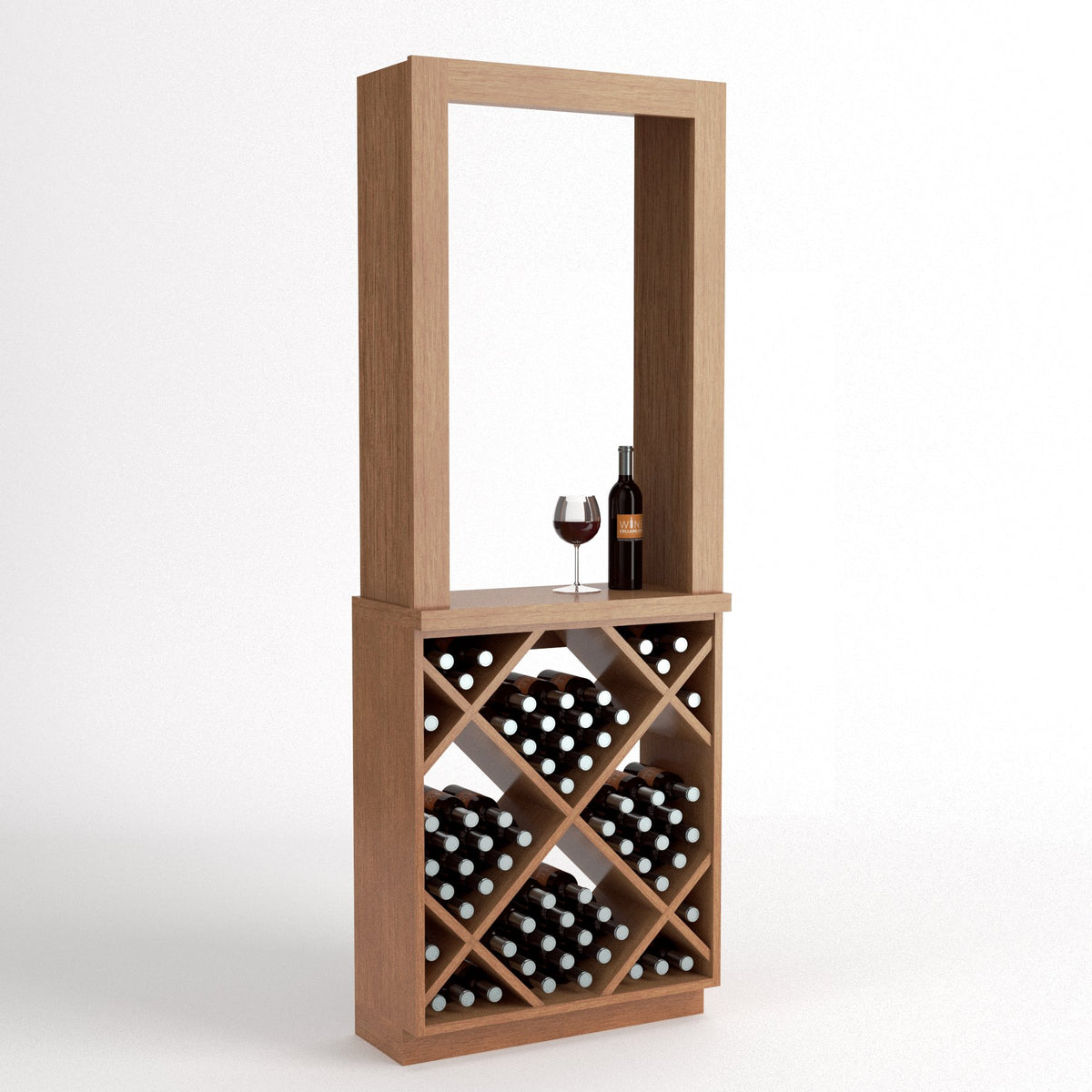 Light wood wine tasting station featuring diamond-cube bottle rack and tall display frame