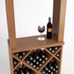Wood wine tasting station showing diamond cube bottle storage and two stemmed glasses on top.