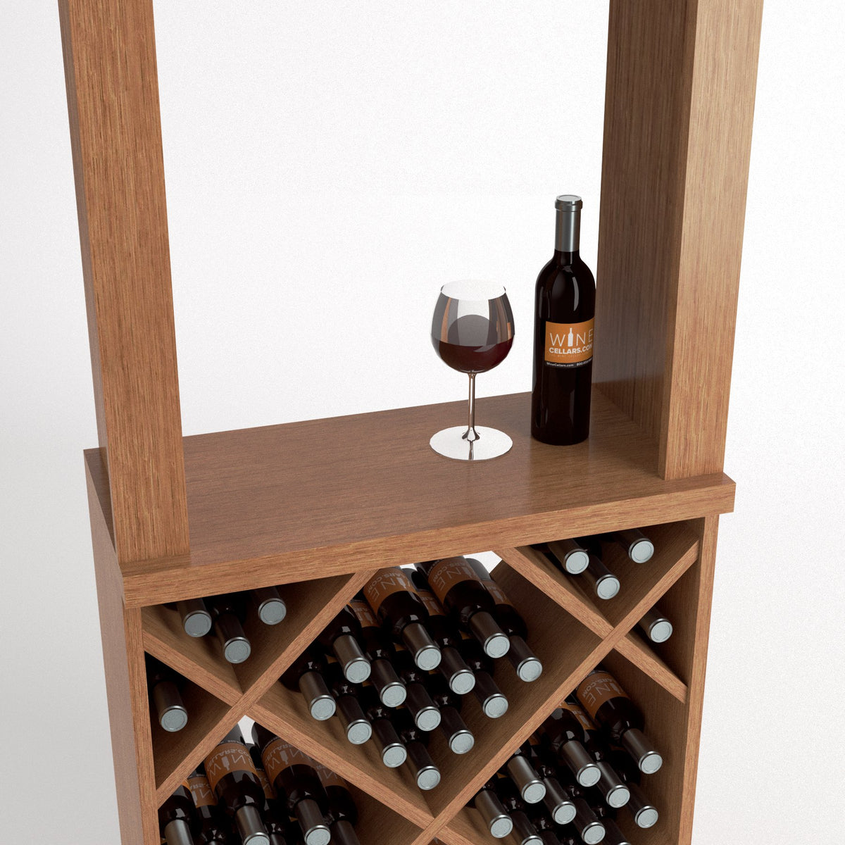 Wood wine tasting station showing diamond cube bottle storage and two stemmed glasses on top.