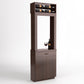 Dark wood tasting station with top wine bottle rack, open frame, drawer, and storage doors.