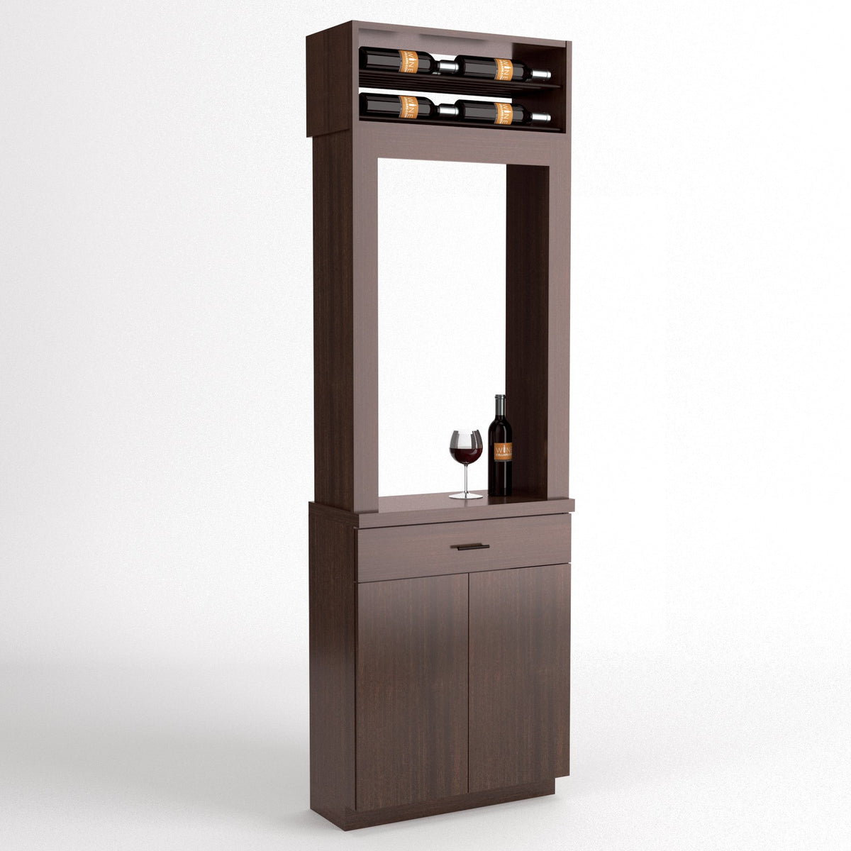 Dark wood tasting station with top wine bottle rack, open frame, drawer, and storage doors.