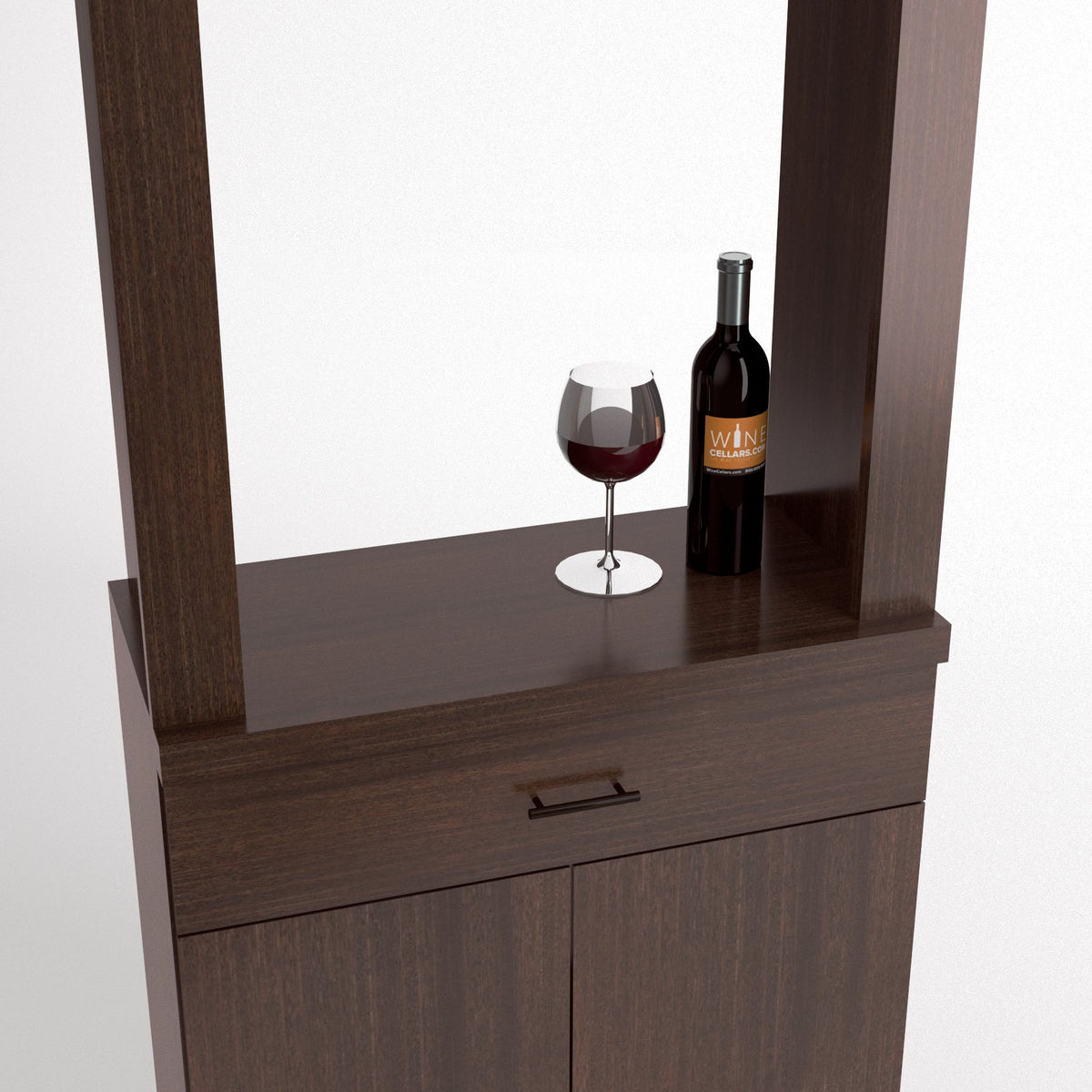 Dark brown cabinet tasting station with two doors, drawer, and top wine bottle & glass