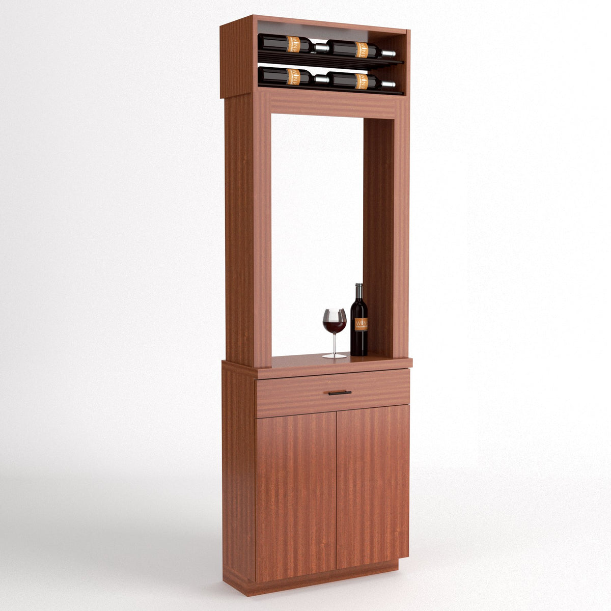 Light wood tasting station with top wine bottle rack, open frame, drawer, and storage doors.