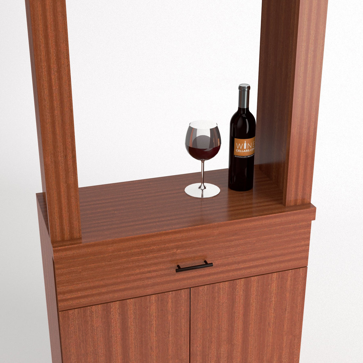 Red-brown wood cabinet tasting station with two doors, drawer, and top wine bottle & glass