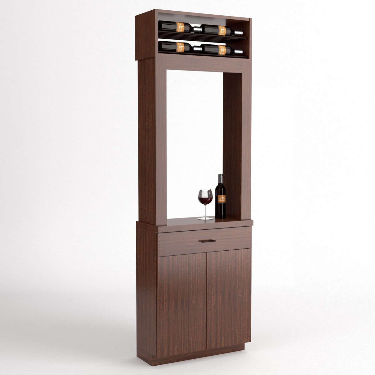 Cabinet-style wine tasting station front view with wine rack, open display, lower cabinet