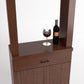 Reddish-brown cabinet tasting station with two doors, drawer, and top wine bottle & glass