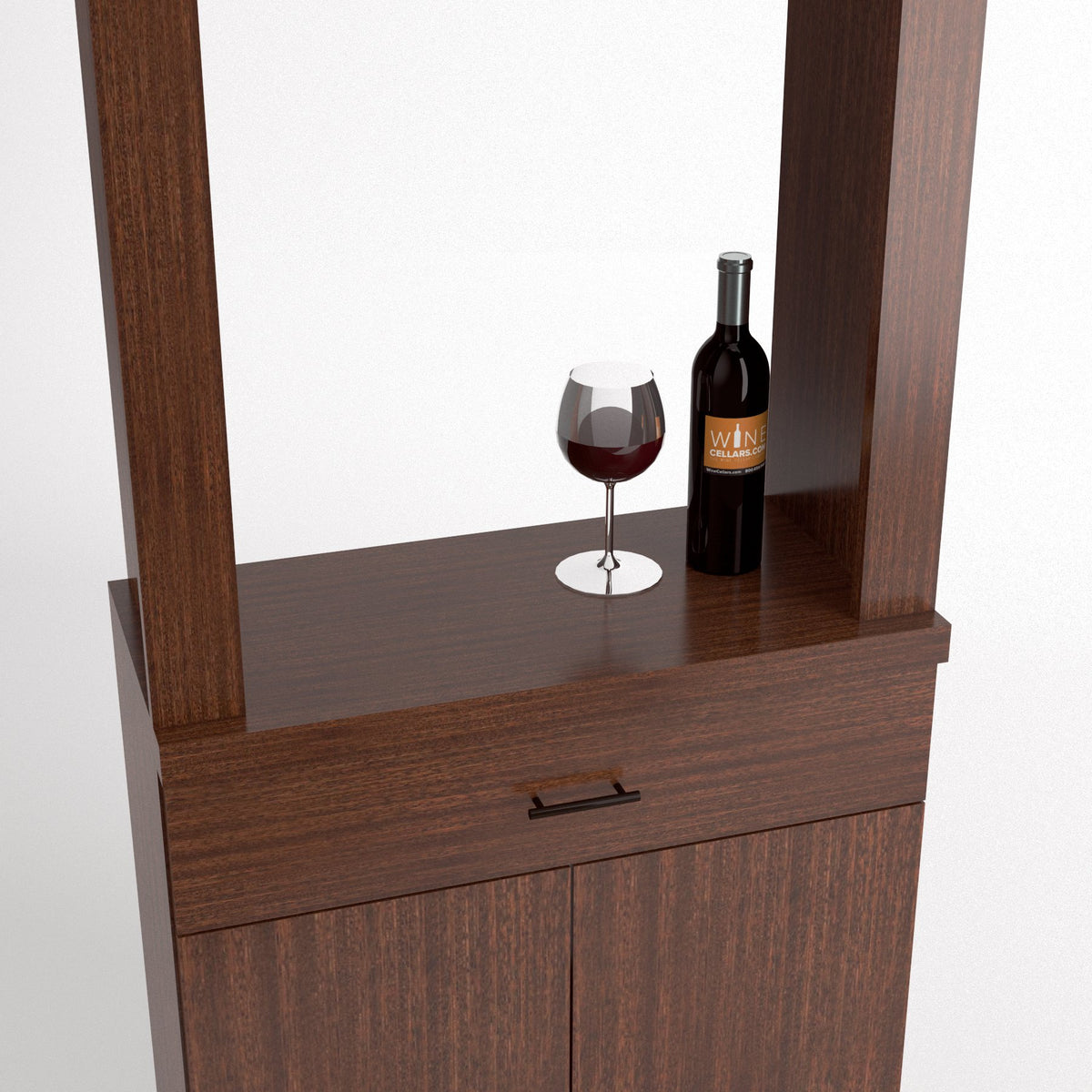 Reddish-brown cabinet tasting station with two doors, drawer, and top wine bottle & glass