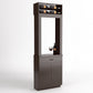 Cabinet-style wine tasting station with top bottle rack, open window, lower door storage