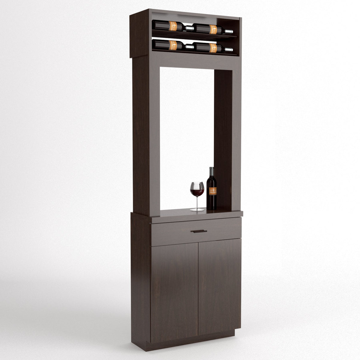 Cabinet-style wine tasting station with top bottle rack, open window, lower door storage