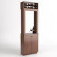 Cabinet-style wine tasting station in dark wood with bottle rack, open frame, drawer, door
