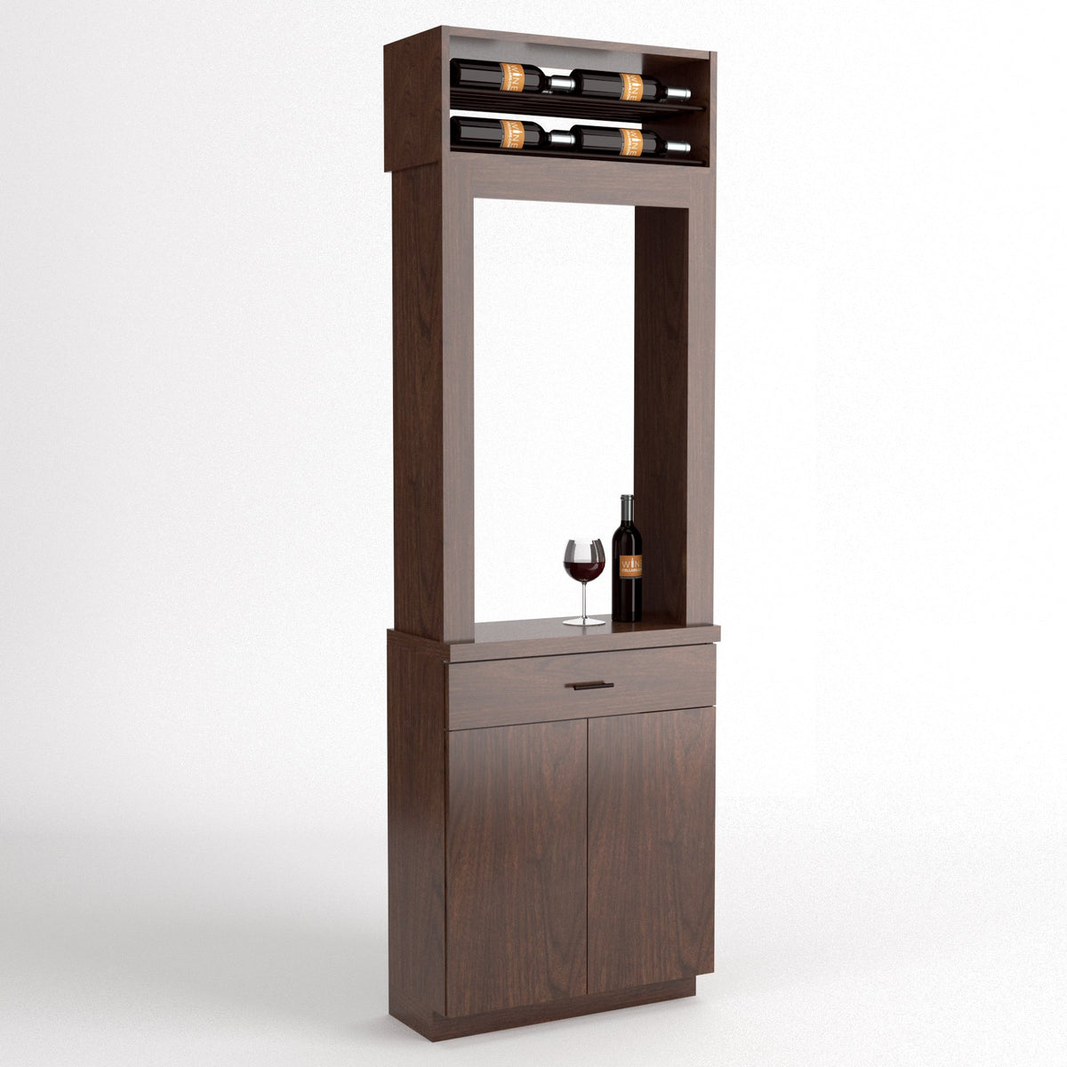 Cabinet-style wine tasting station with top wine rack, open center frame, bottle and glass