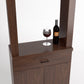 Cabinet-style wine tasting station close-up of serving shelf with wine glass and bottle
