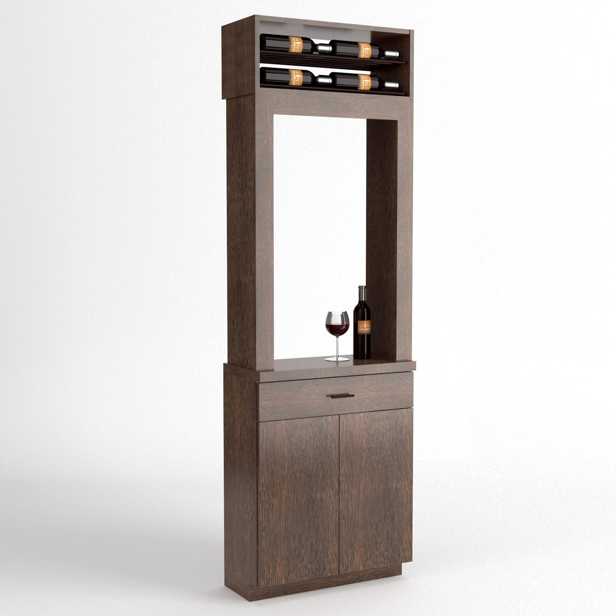 Cabinet-style wine tasting station with wine rack at top, open serving window, cabinet doors