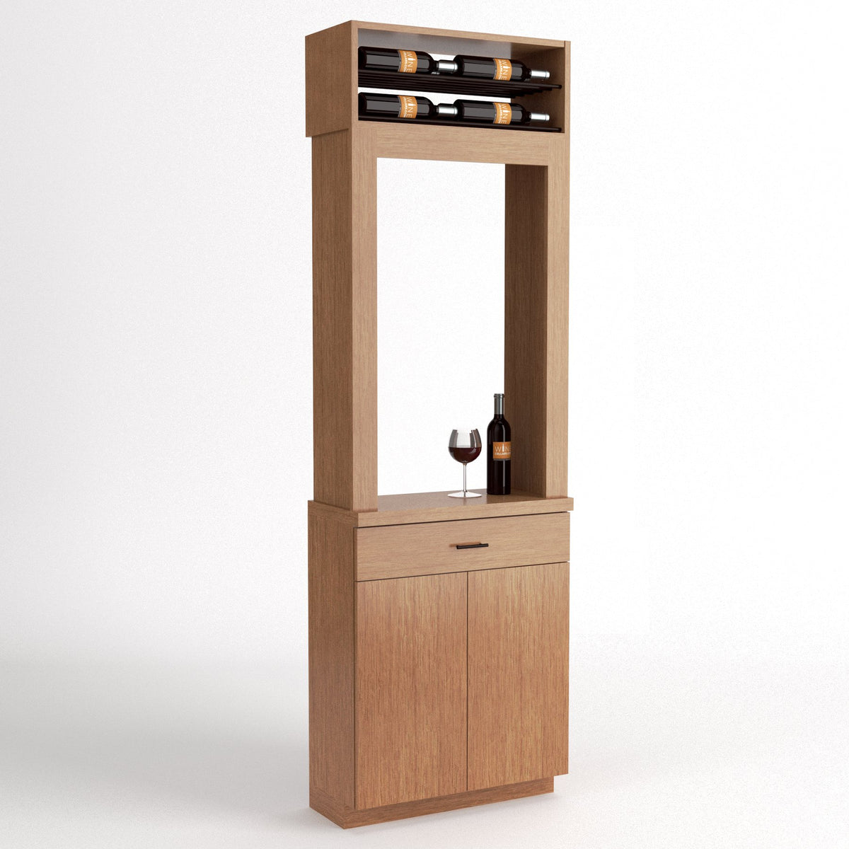 Cabinet-style wine tasting station with top bottle rack, open frame, drawer, lower cabinet doors