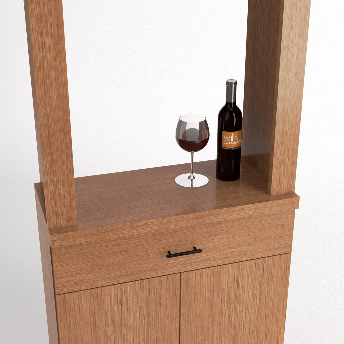 Light wood cabinet tasting station with two doors, drawer, and top wine bottle & glass