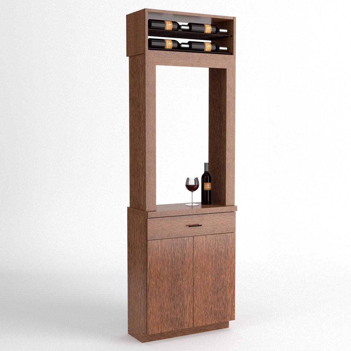 Cabinet-style wine tasting station with top bottle rack, open window, and lower storage cabinet