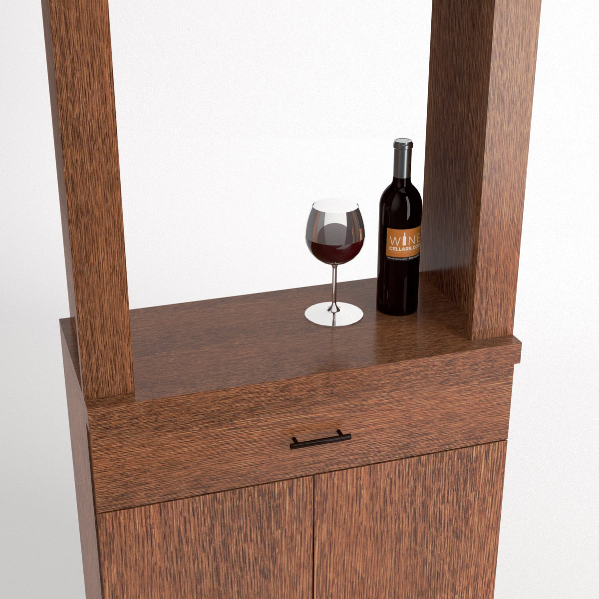 Espresso-brown cabinet tasting station with two doors, drawer, and top wine bottle & glass