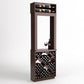 Tall wood wine tasting station with top bottle shelf and front diamond-pattern wine bottle rack.