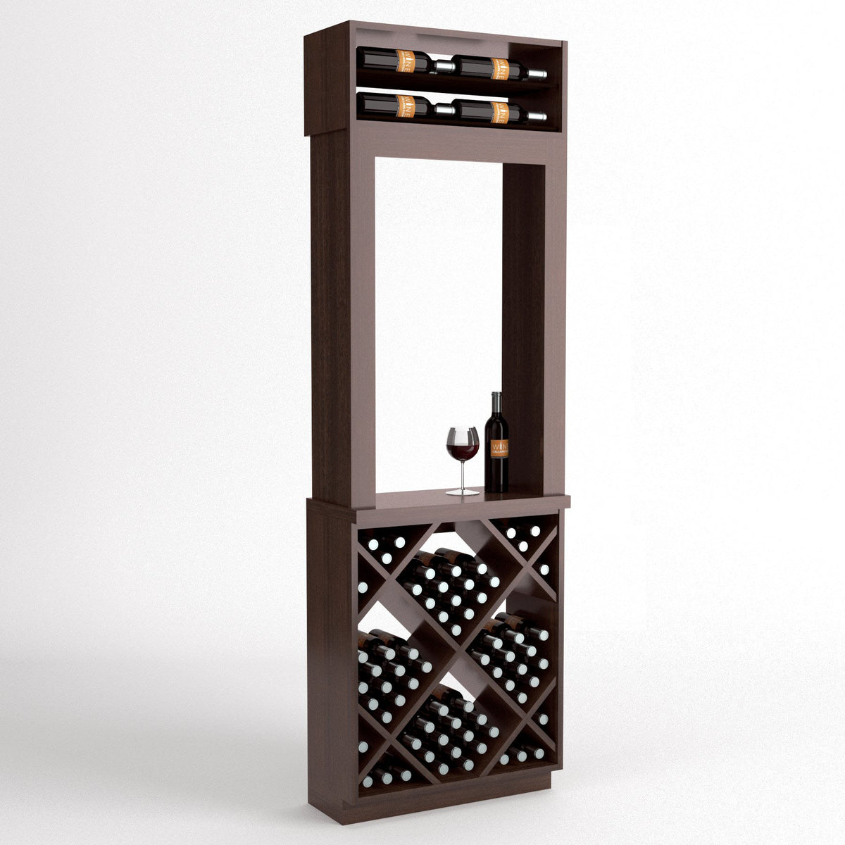 Tall wood wine tasting station with top bottle shelf and front diamond-pattern wine bottle rack.