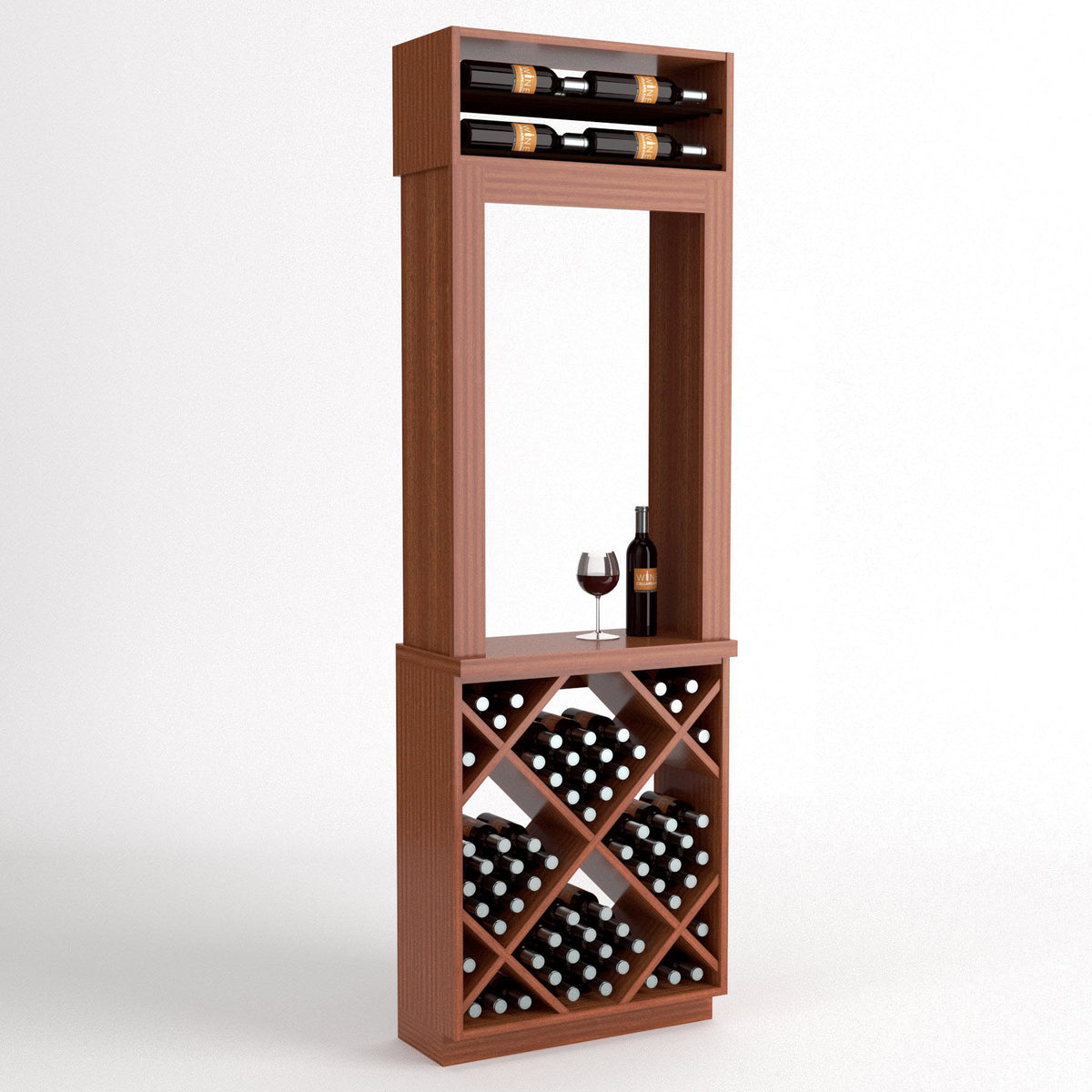 Full view wood wine tasting station with top bottle slots and front diamond wine rack.