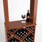 Wood wine tasting station featuring wine glass, bottle, and stacked bottle storage compartments.