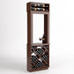 Dark wood wine tasting station with open frame top, wine glass and bottle, cross-brace wine rack.