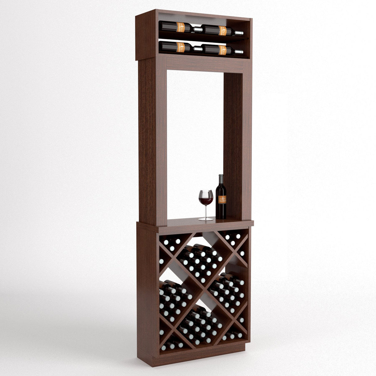 Dark wood wine tasting station with open frame top, wine glass and bottle, cross-brace wine rack.