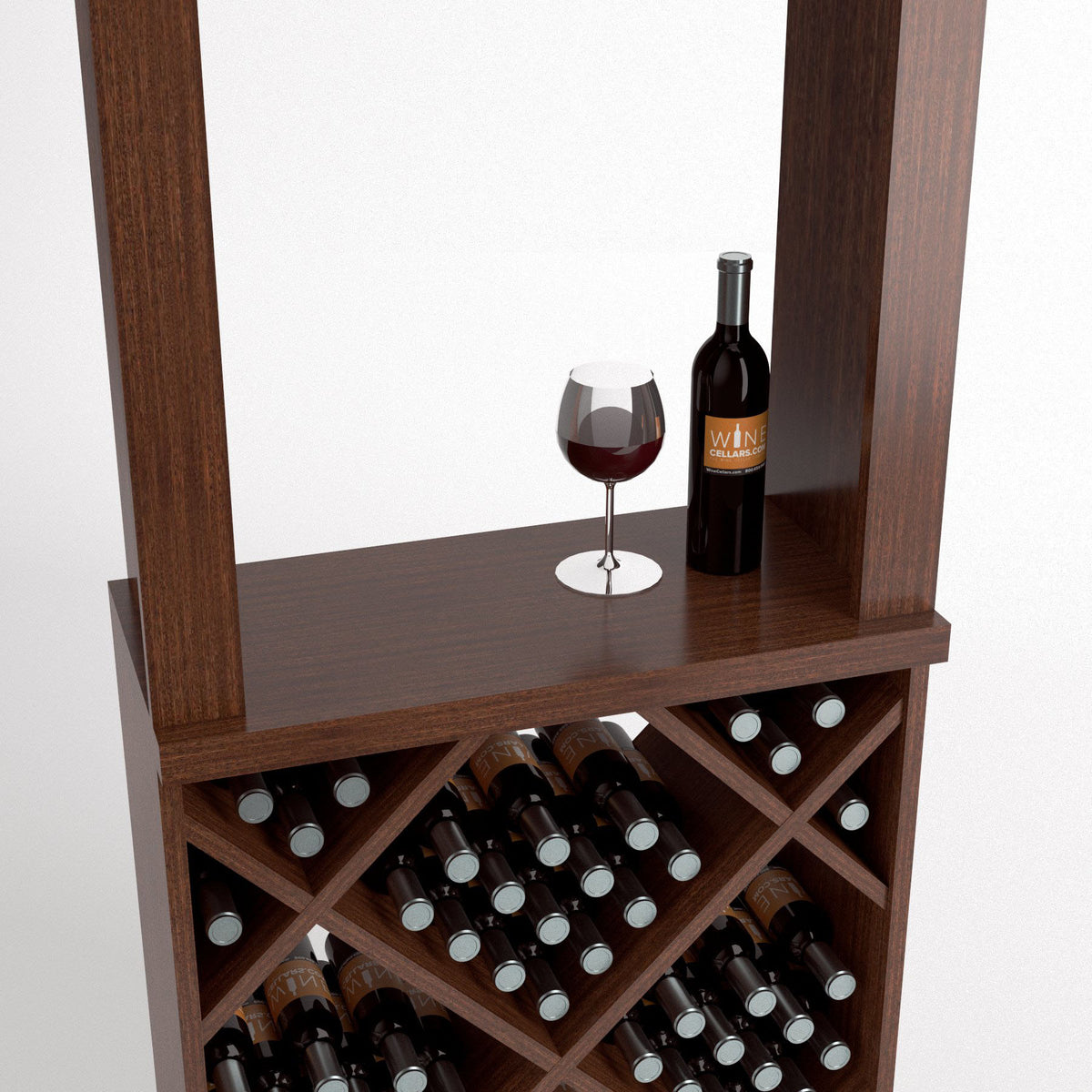 Wood wine tasting station with wine glass and bottle on top shelf and bottle rack below.
