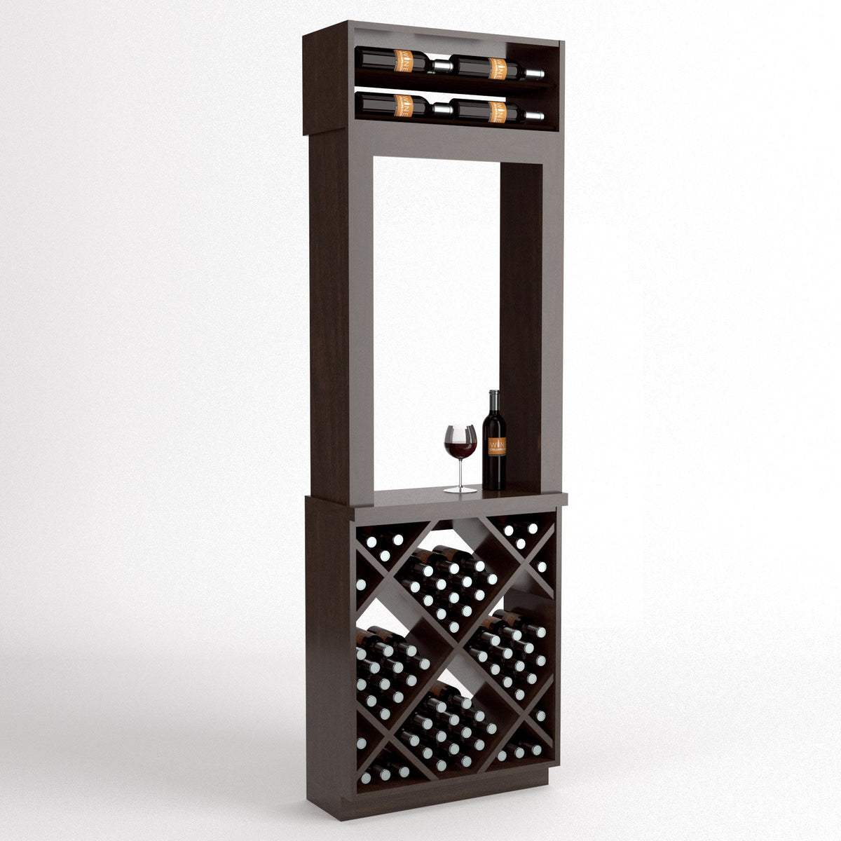 Tall wood wine tasting station with top bottle shelf, center glass and bottle, side storage.