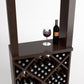Wood wine tasting station with wine glasses and a bottle, plus bottle storage below.