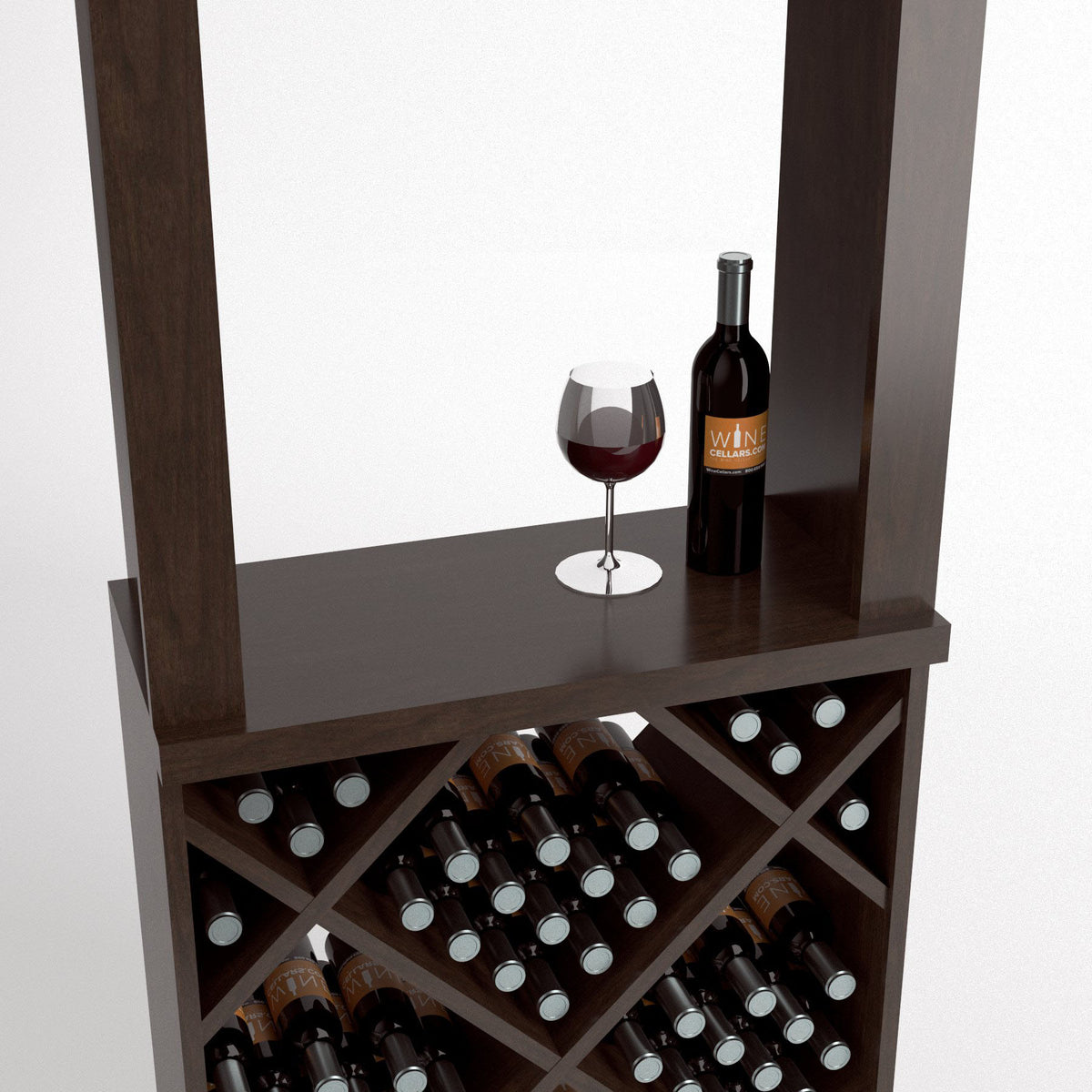 Wood wine tasting station with wine glasses and a bottle, plus bottle storage below.