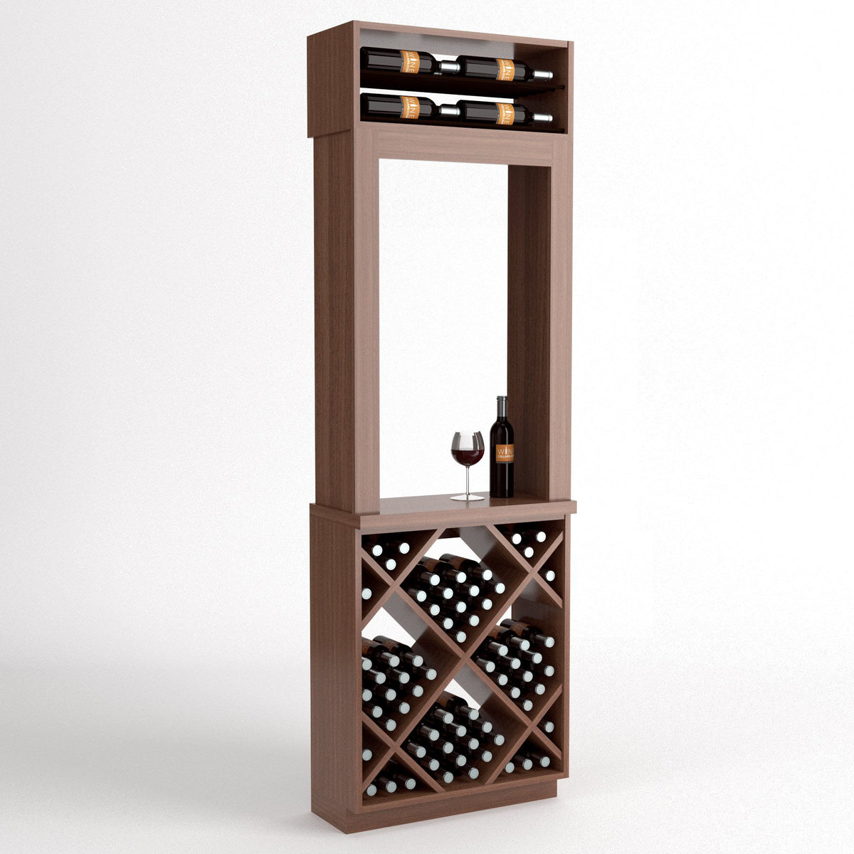 Tall wood wine tasting station with top bottle shelf, diamond rack, and glass and bottle
