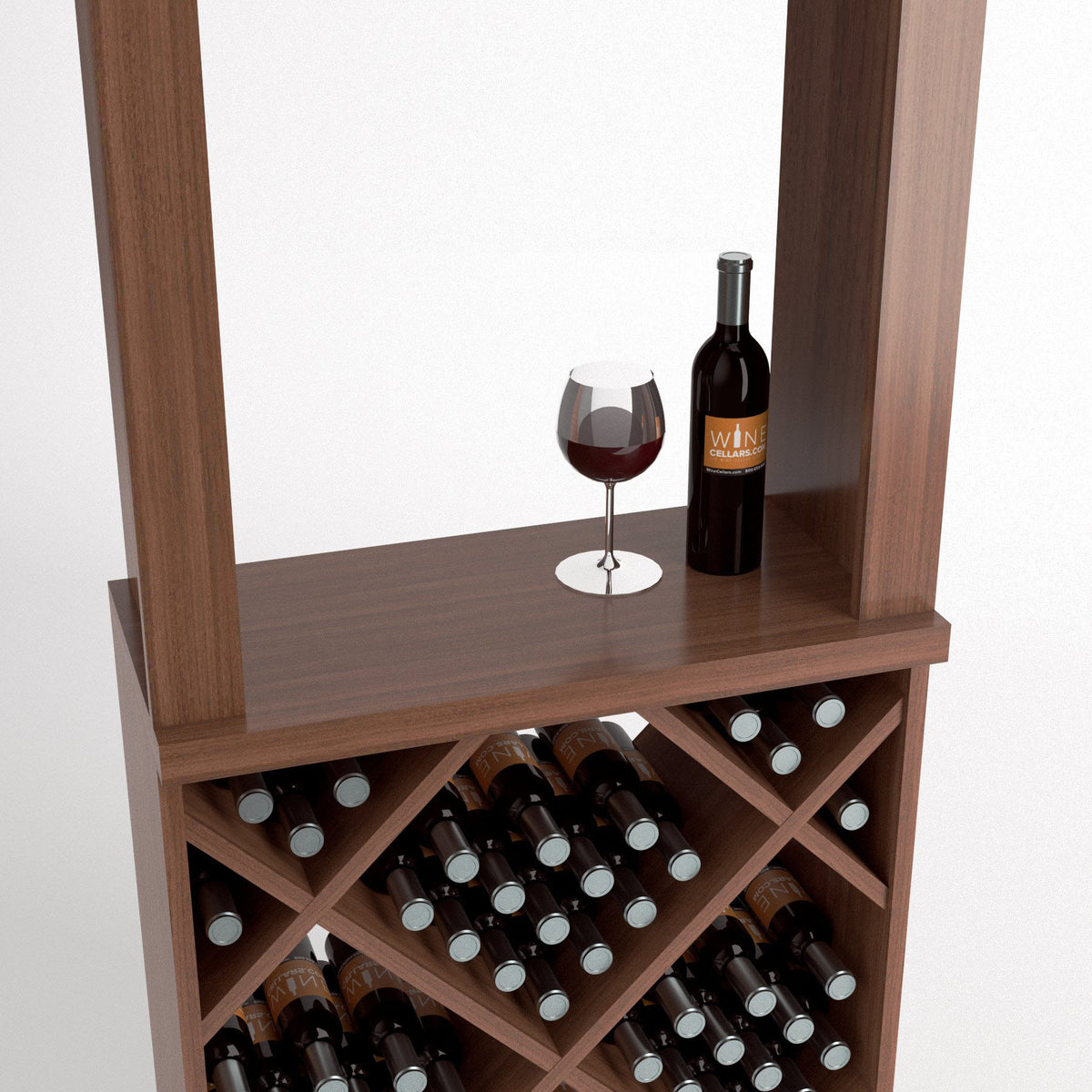 Wood wine tasting station with wine bottle and goblet on top over diamond bottle rack