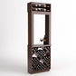 Tall wood wine cabinet with top wine bottles, diamond-pattern rack, and a bottle and glass