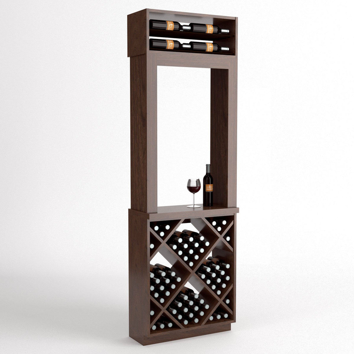 Tall wood wine cabinet with top wine bottles, diamond-pattern rack, and a bottle and glass