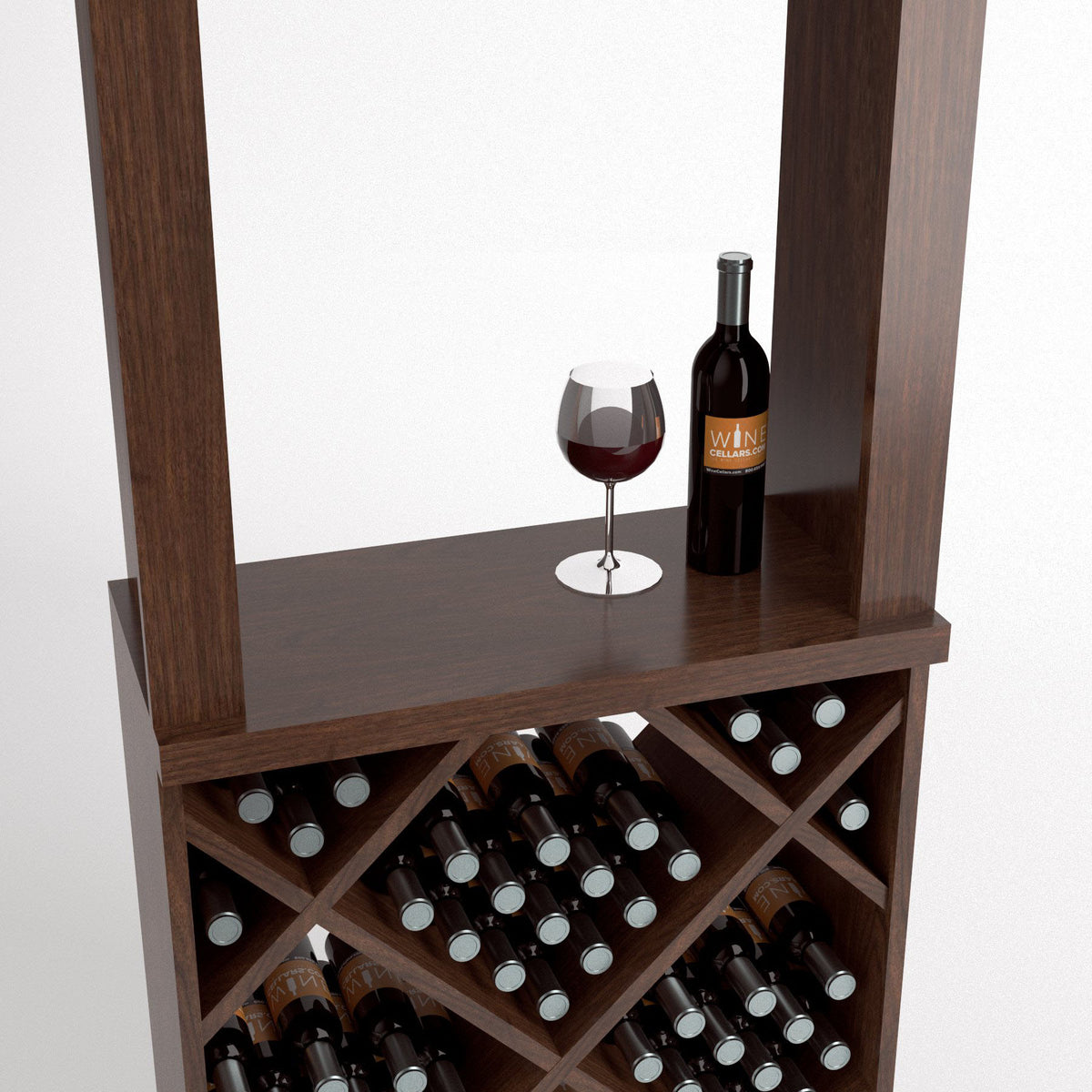 Wood wine tasting station featuring goblet and wine bottle on top over diamond rack