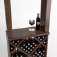 Wood wine tasting station with wine bottle, goblet, and diamond-pattern bottle storage