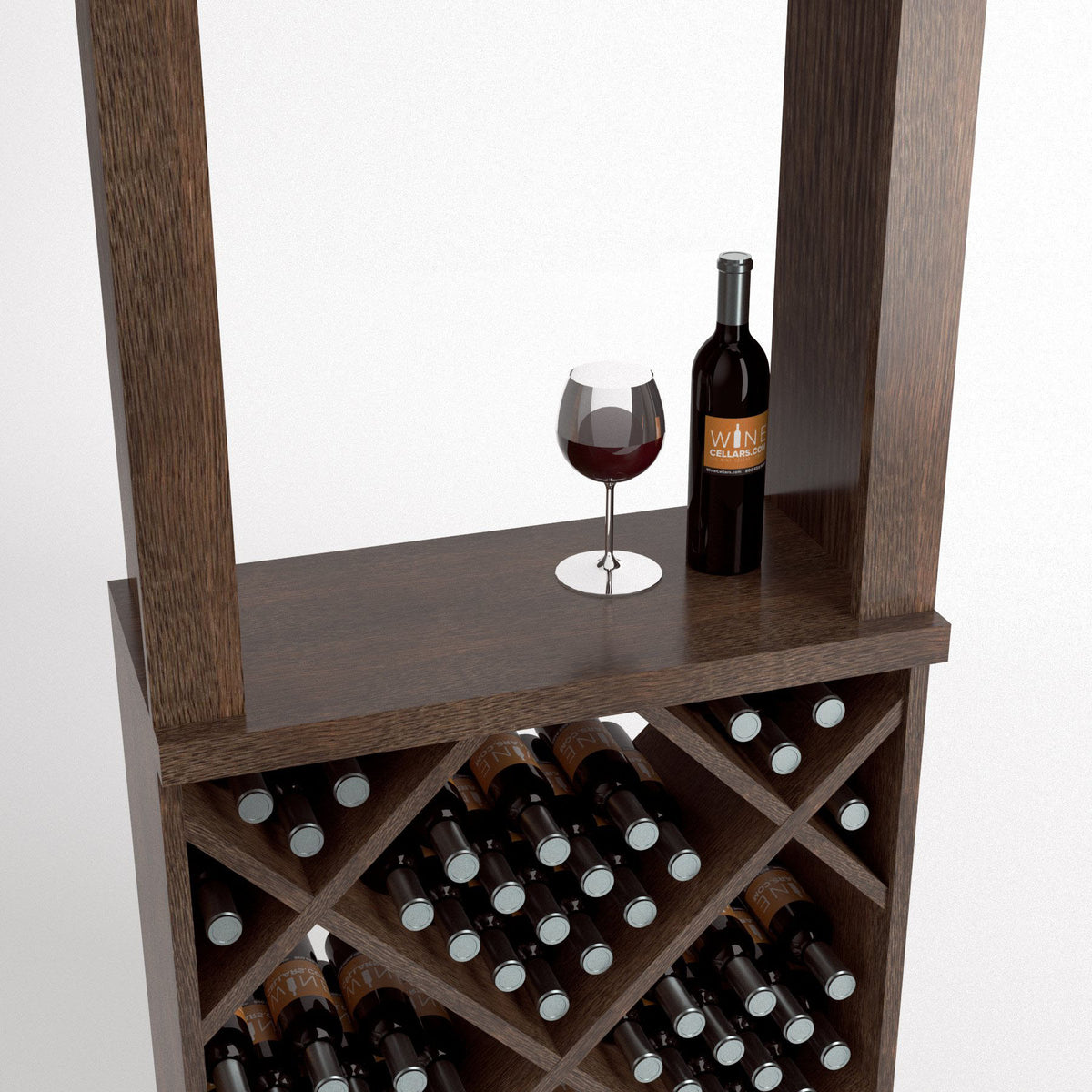Wood wine tasting station with wine bottle, goblet, and diamond-pattern bottle storage