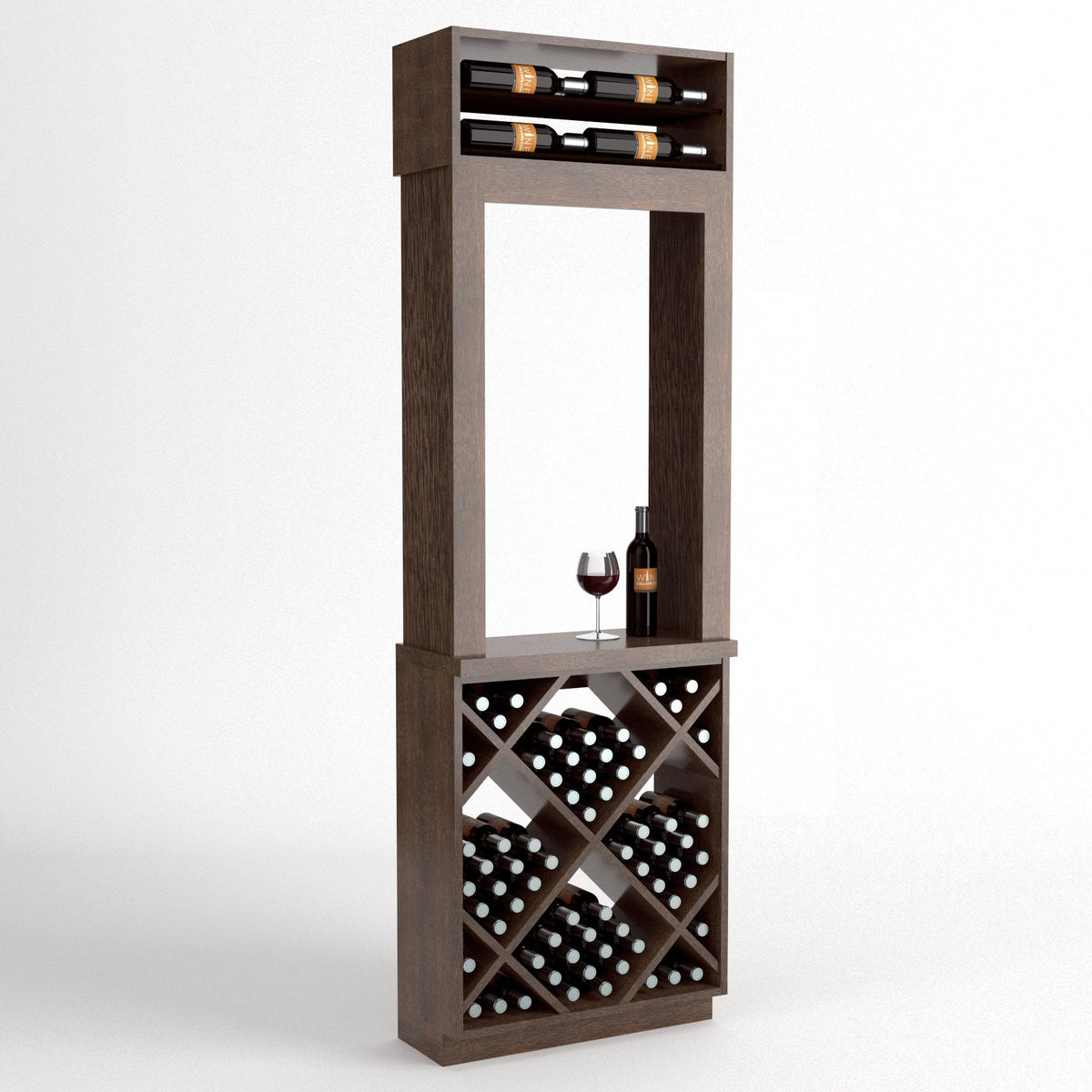 Tall wood wine tasting station with top wine bottle shelf and diamond bottle cubby