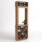 Tall wood wine display with top bottle row, diamond rack, and a goblet and bottle