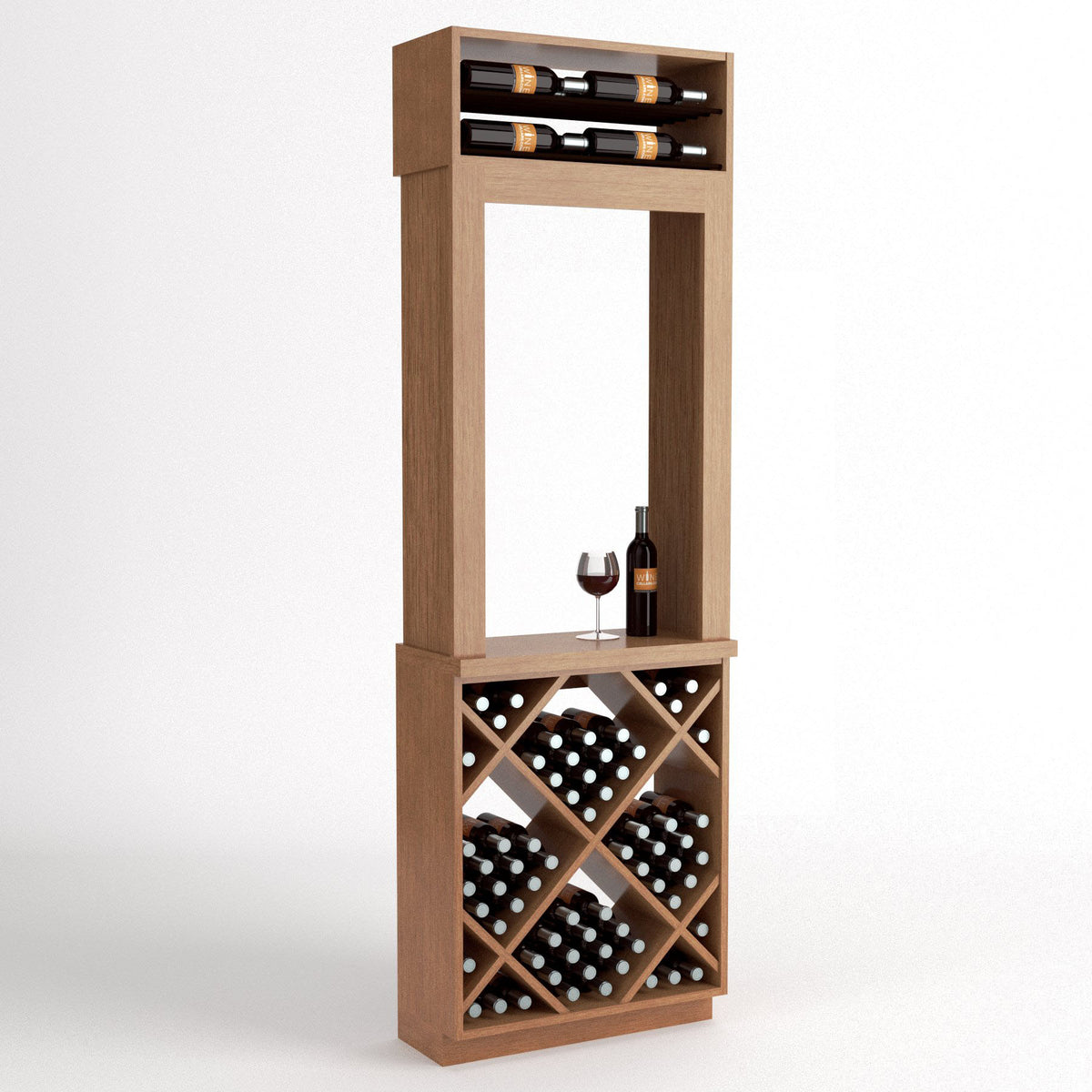 Tall wood wine display with top bottle row, diamond rack, and a goblet and bottle