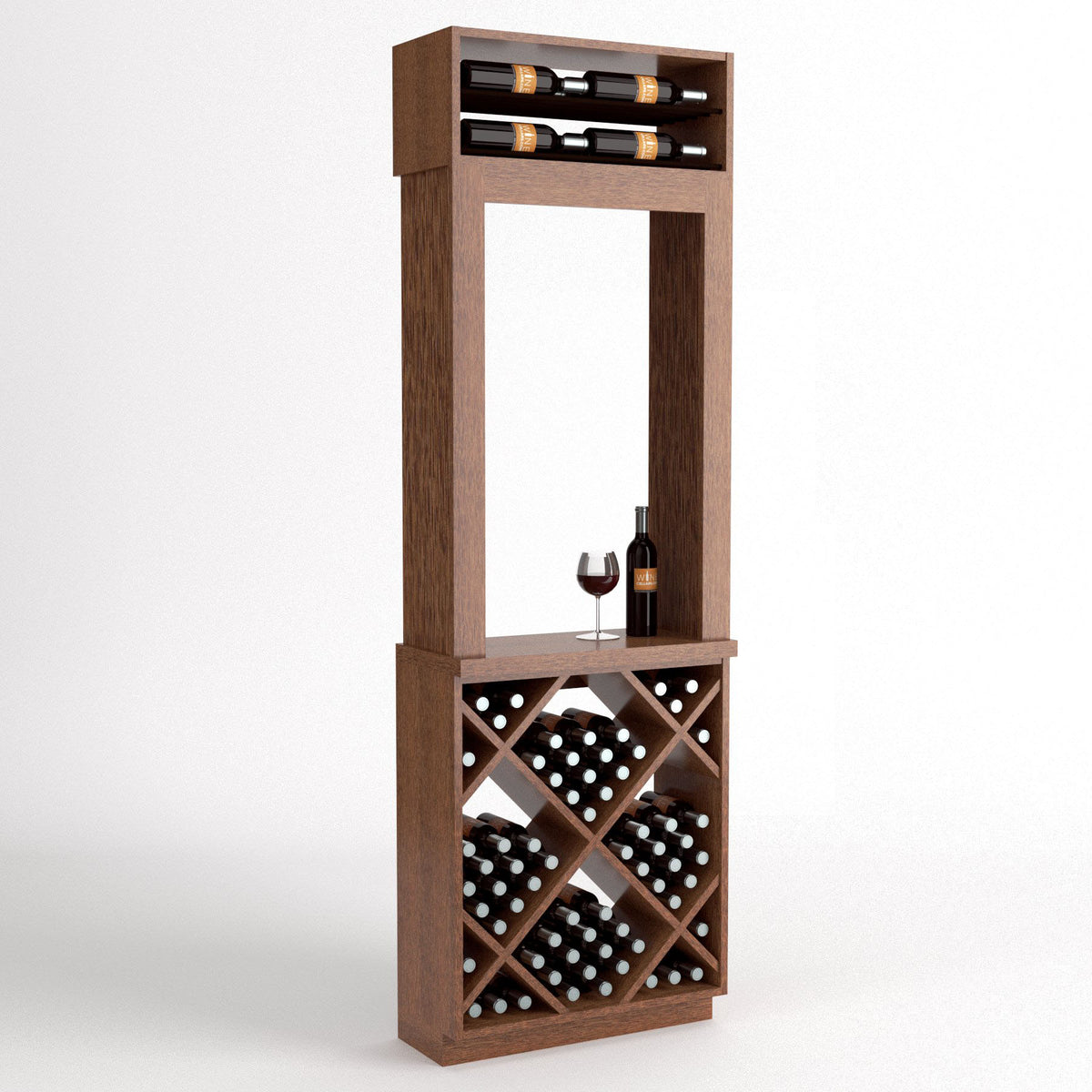 Tall wood wine tasting station with bottle racks, two wine glasses, and diamond storage