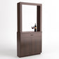 Dark wood cabinet tasting station with mirrored opening, wine bottle and stem glass