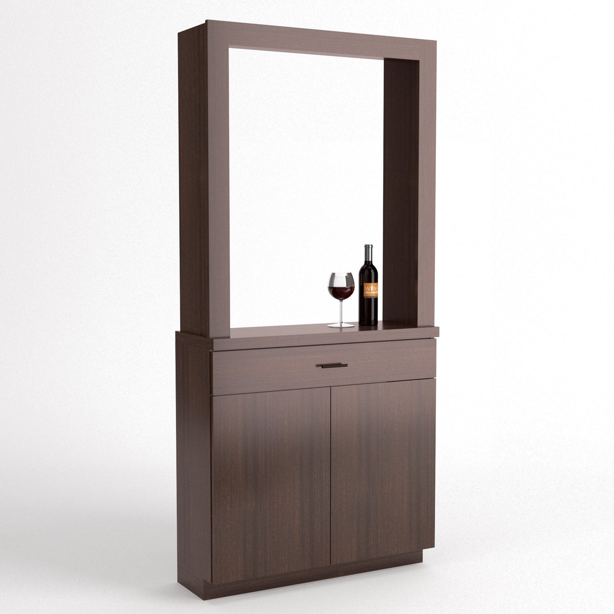 Dark wood cabinet tasting station with mirrored opening, wine bottle and stem glass