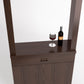 Dark wood cabinet tasting station with serving shelf, wine bottle and stem glass