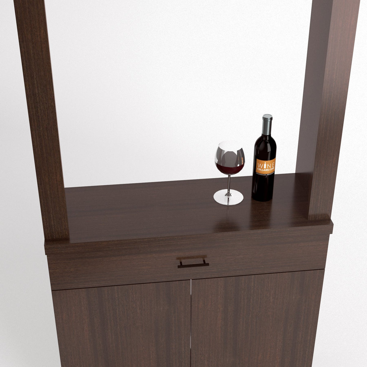 Dark wood cabinet tasting station with serving shelf, wine bottle and stem glass