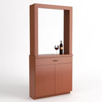 Light brown wood cabinet tasting station with mirrored opening, wine bottle and glass