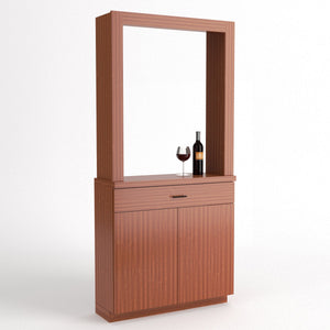 Light brown wood cabinet tasting station with mirrored opening, wine bottle and glass