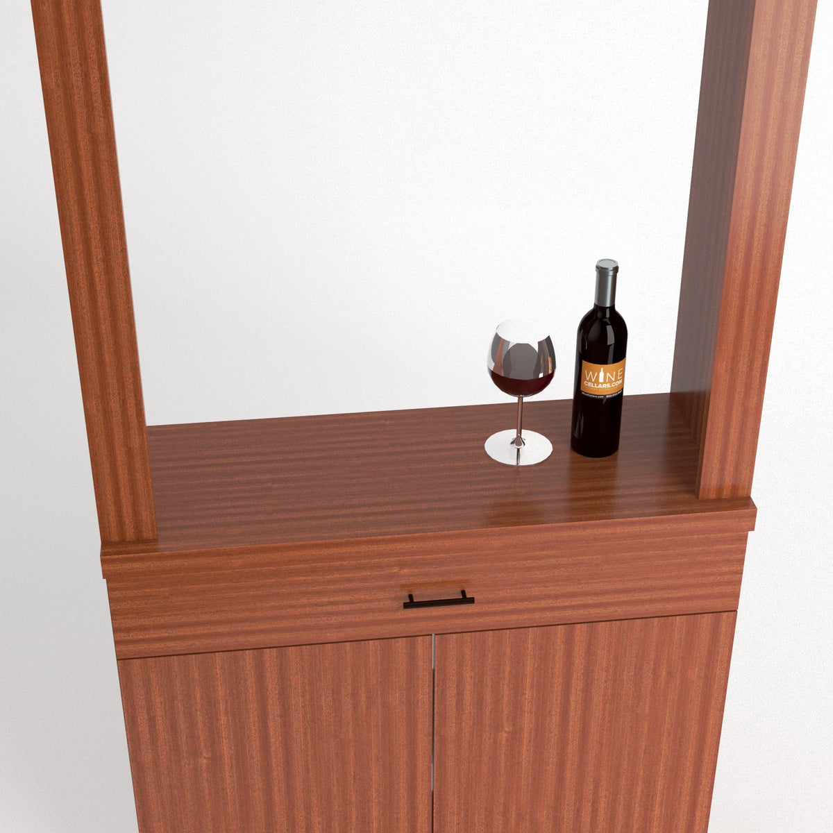 Light brown wood cabinet tasting station with drawer and doors, wine bottle and glass