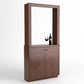 Medium brown wood cabinet tasting station with mirrored opening, wine bottle and stem glass